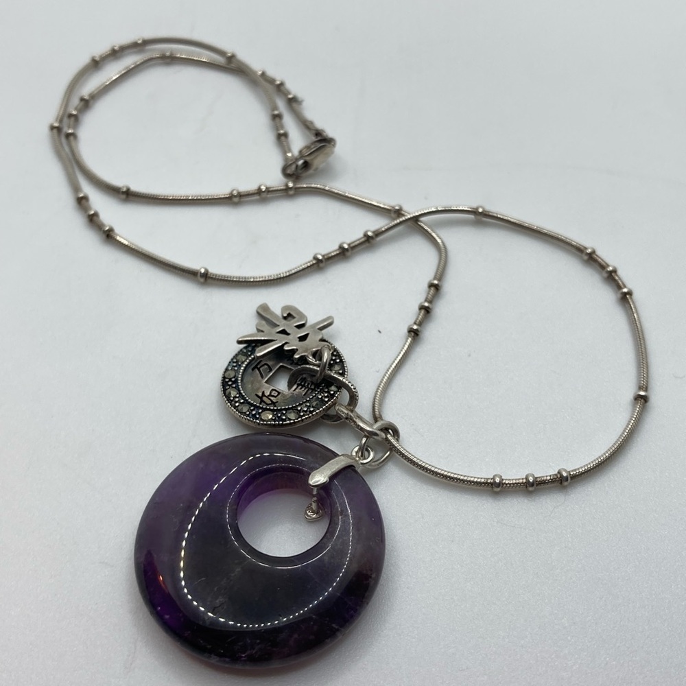Vtg Sterling Amethyst Marcasite Chinese Luck Fortune Pendant & Chain 15” & 1.1”